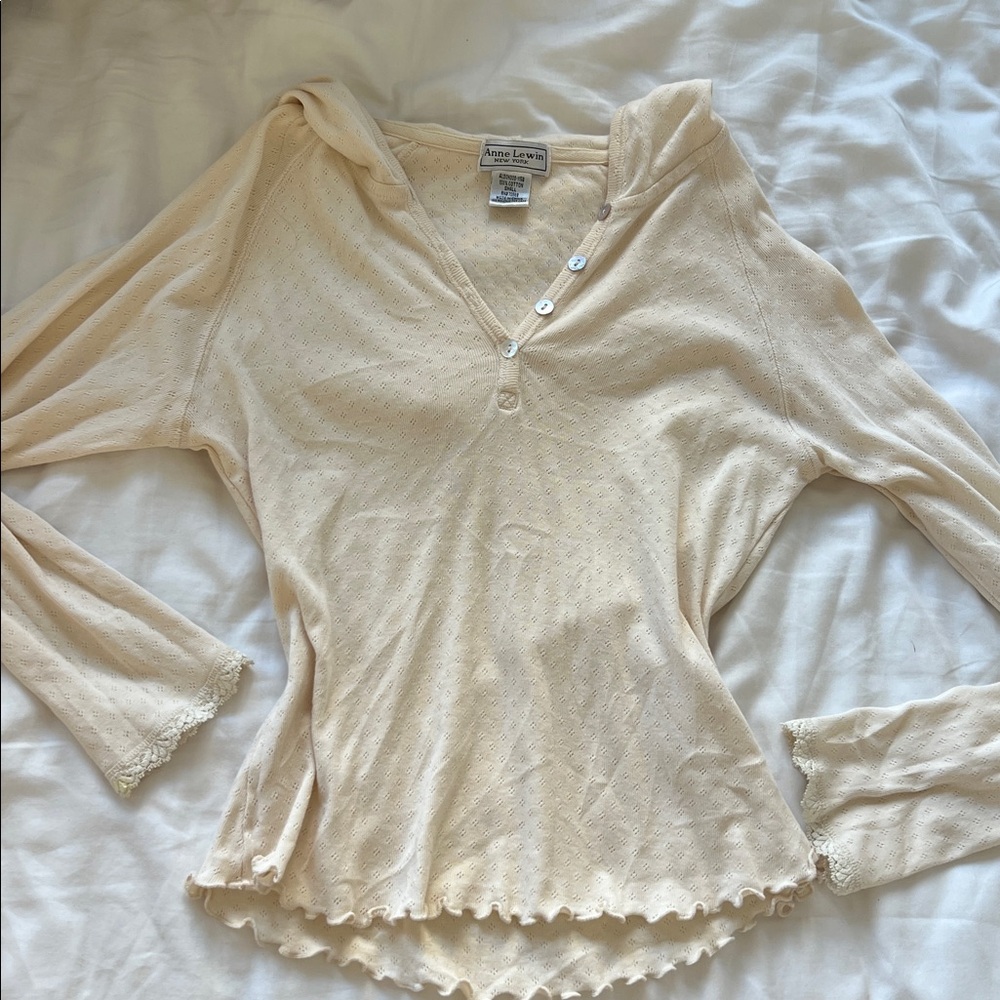Anne Lewin Lightweight Cream Pointelle Hooded Henley